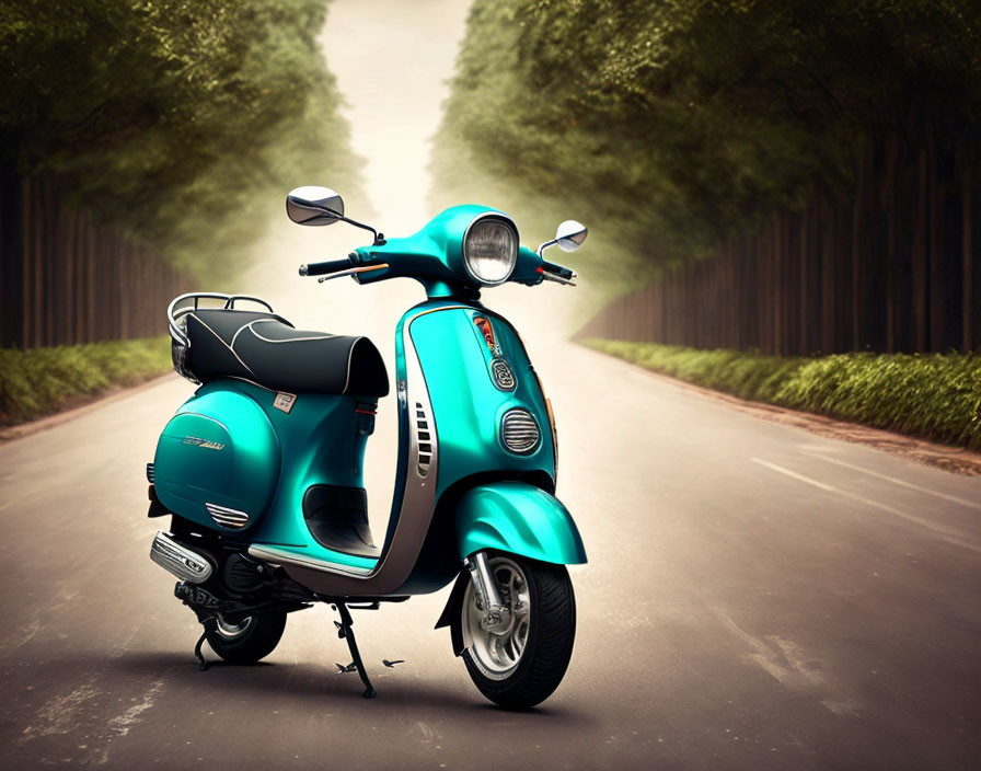 Teal Vespa scooter on deserted road with tree-lined backdrop