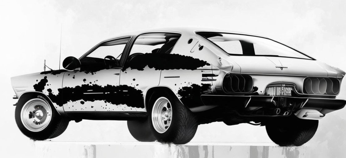 Monochrome classic muscle car with splattered paint design