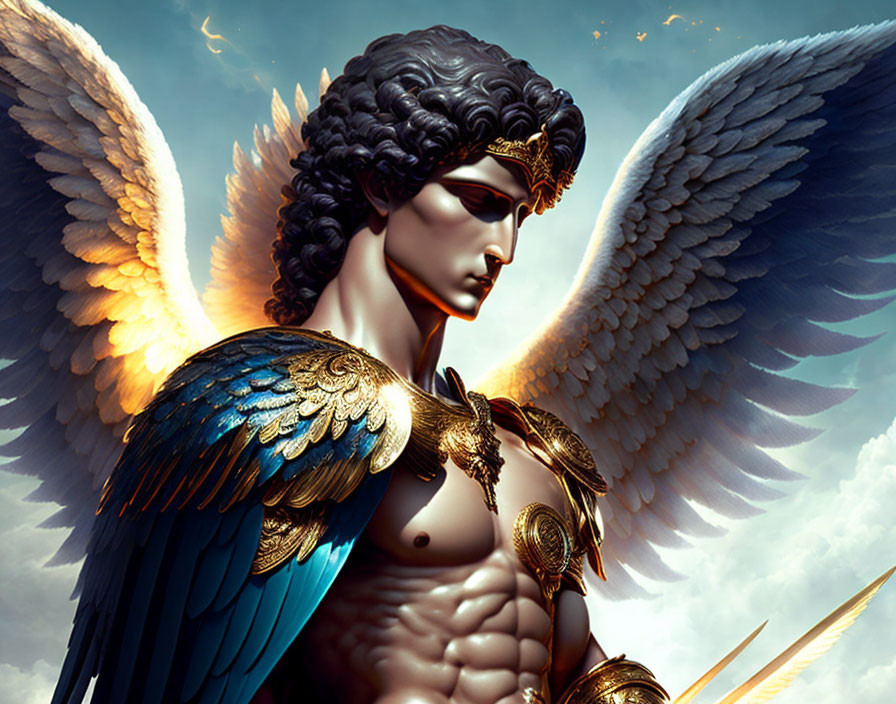 Male figure with blue wings and golden armor in cloudy sky