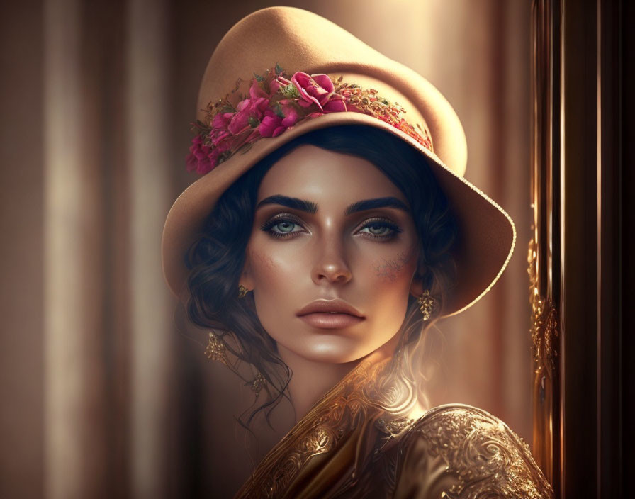 Woman with Striking Blue Eyes and Flower-Adorned Hat in Golden Sunlight