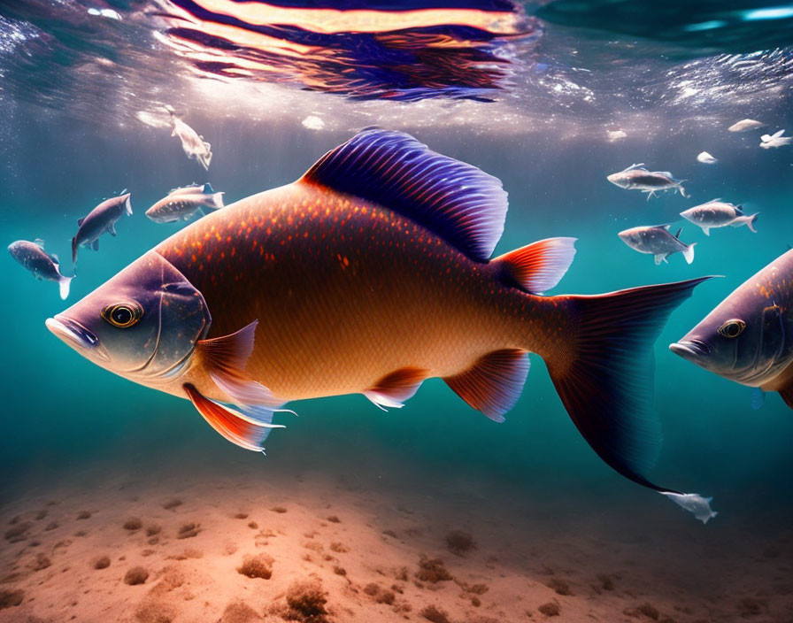Colorful fish swimming with other fish in underwater scene.