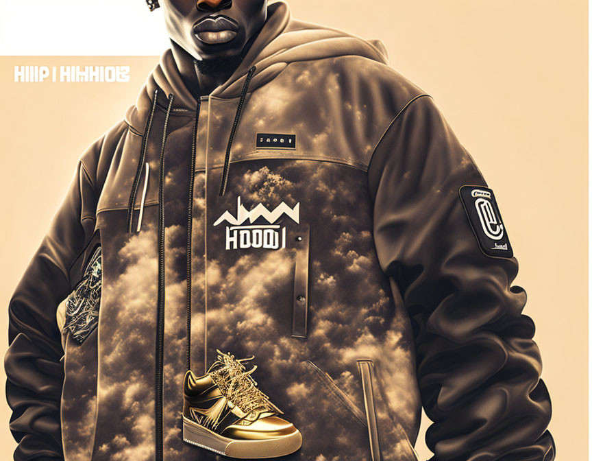 Person in Hoodie and Sneakers with Cloud and Brand Logos: Urban Fashion Graphic