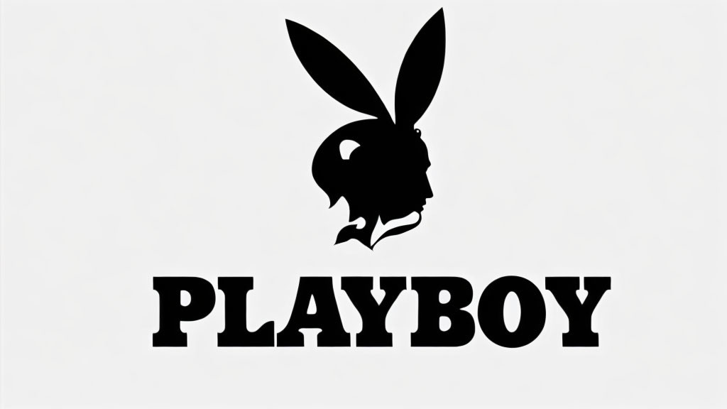 Silhouette of rabbit head with bow tie on human face next to bold "PLAYBOY" text