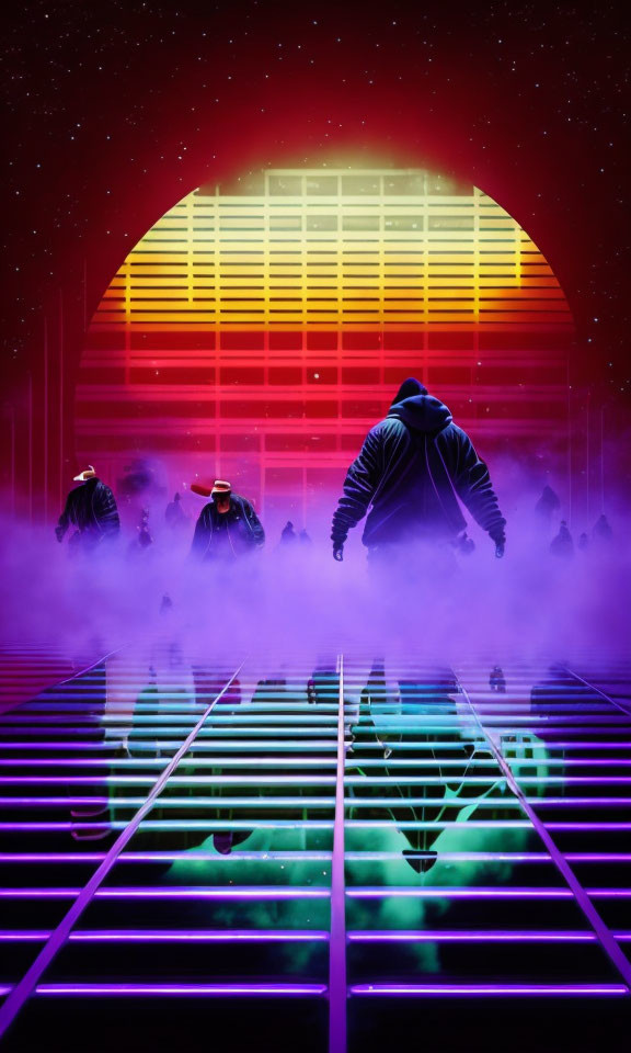 Colorful Concert Scene with Silhouetted Figures in Purple Fog
