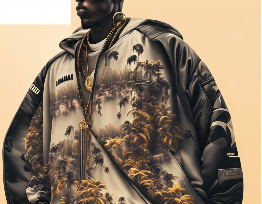 Stylish bomber jacket with palm tree prints and gold chain on person with pensive expression