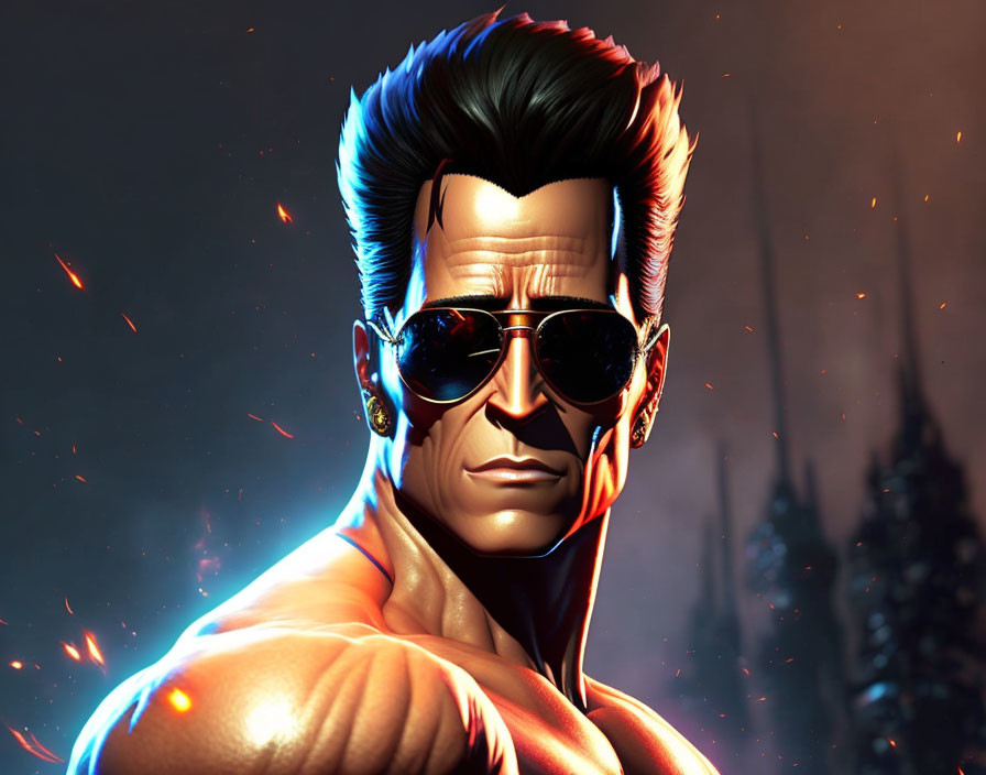 Stylized animated man with elaborate hair and sunglasses in fiery setting
