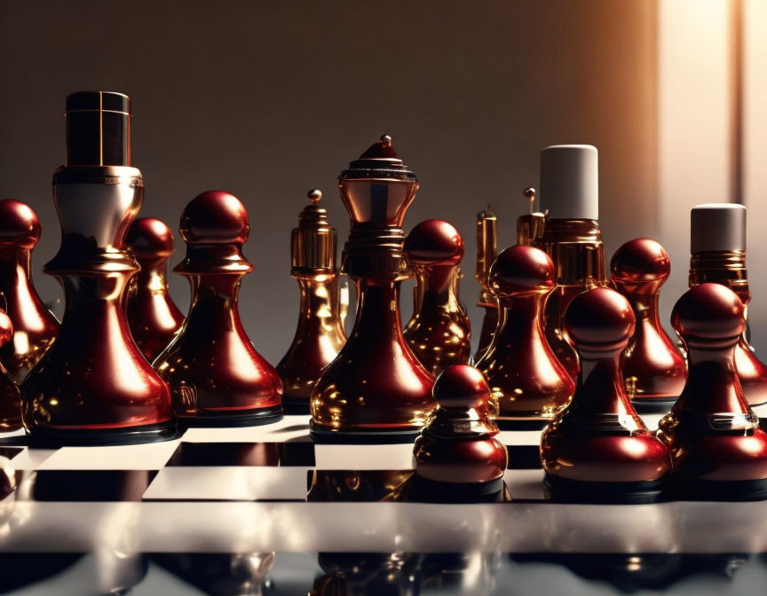 Luxurious Red and White Chess Set on Reflective Board