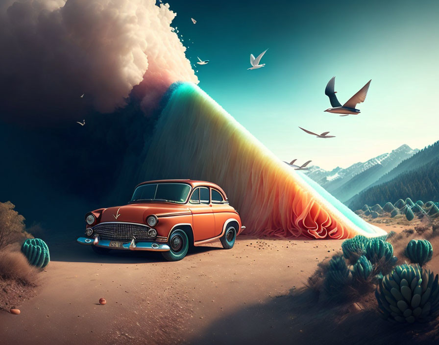 Vintage Car in Surreal Desert Landscape with Rainbow and Birds