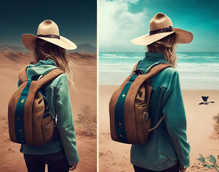 Cowboy hat and backpack in desert and beach scenery.