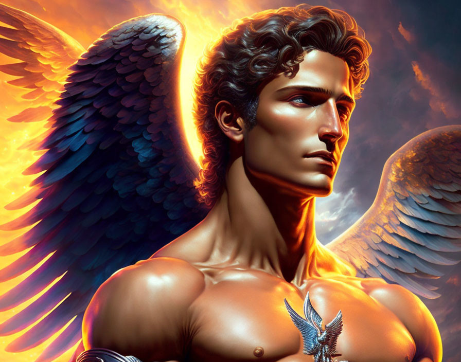 Digital Artwork: Male Figure with Angelic Features and Majestic Wings