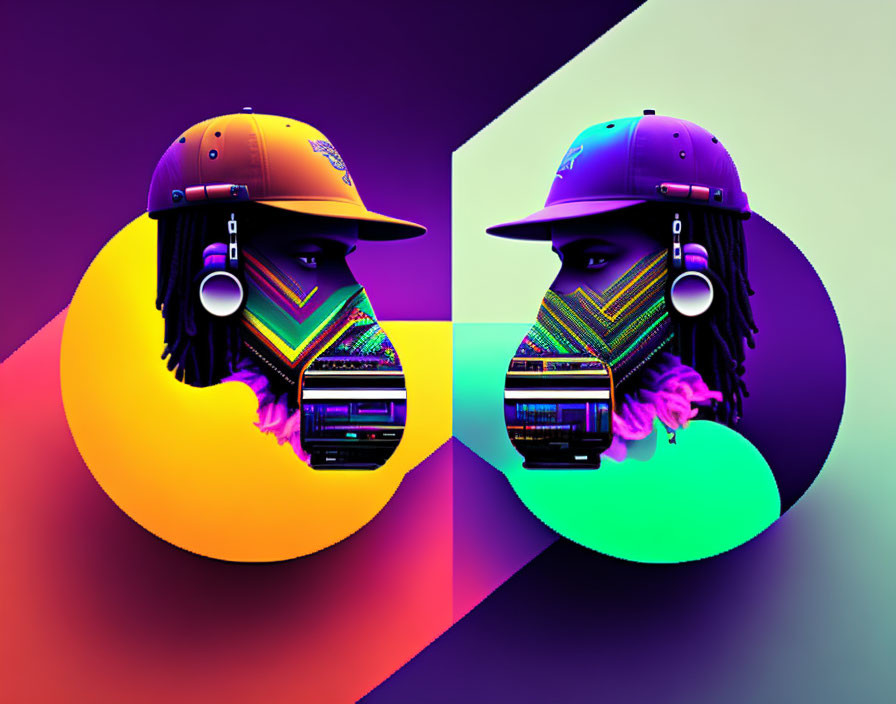 Colorful digital artwork featuring mirrored stylized figure with cap on split complementary background