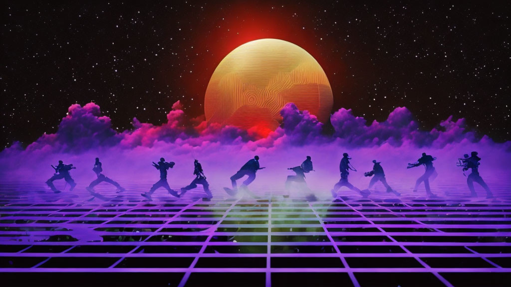 Silhouetted dancers on neon grid floor with red sun and purple clouds.