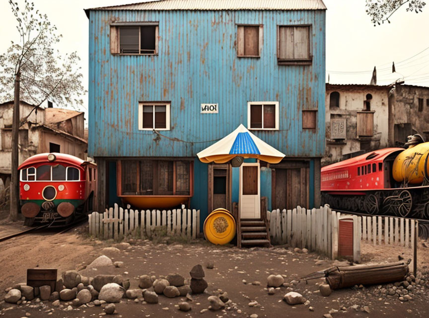 Whimsical two-story blue building with red and yellow train carriages