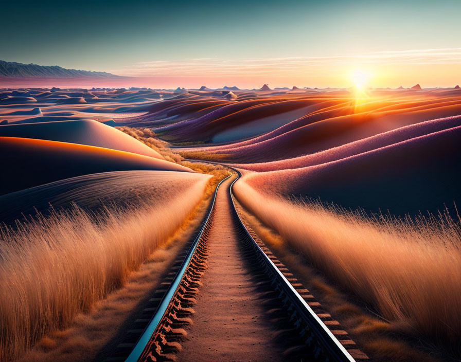 Curving railway tracks in desert sunset with sand dunes and tall grasses