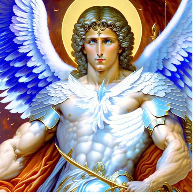 Muscular angel in golden armor with blue wings and sword on celestial background