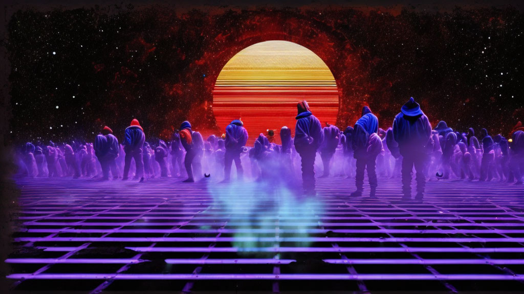 Silhouetted people gathered around illuminated spherical structure in front of vibrant nebula backdrop