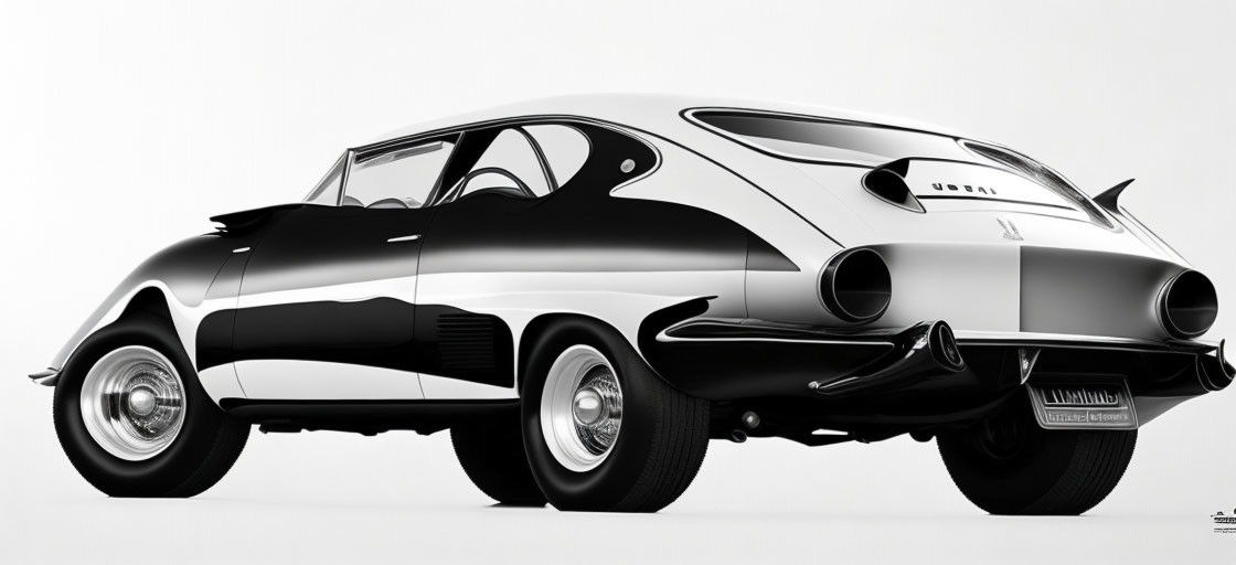 Vintage black and white sports car with chrome accents on white background