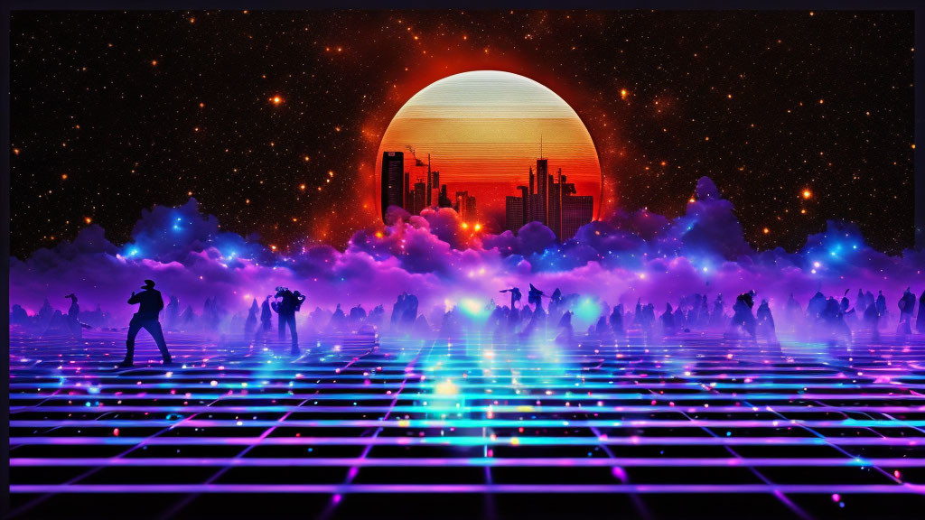Futuristic cityscape with red sun, silhouettes, grid floor, purple clouds, star