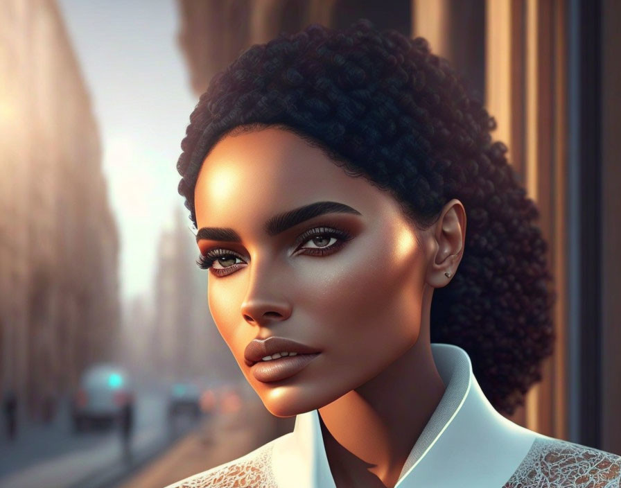 Dark-skinned woman's portrait with full lips and curly hair against urban backdrop