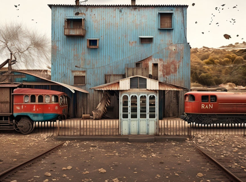 Vintage trains on tracks near weathered blue house under cloudy sky.