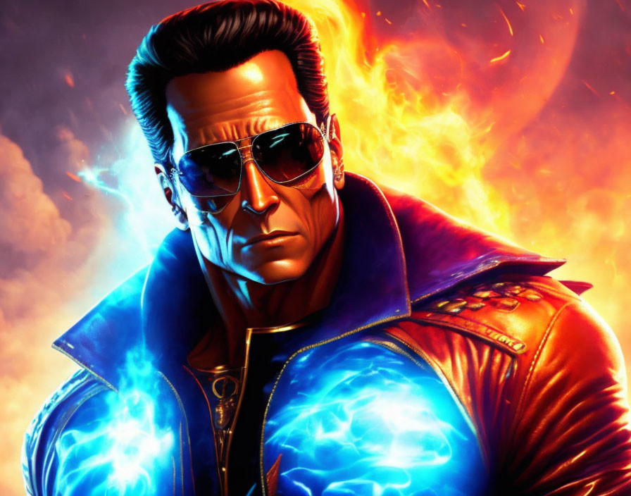 Man in Sunglasses and Leather Jacket Against Fiery Background with Blue Energy