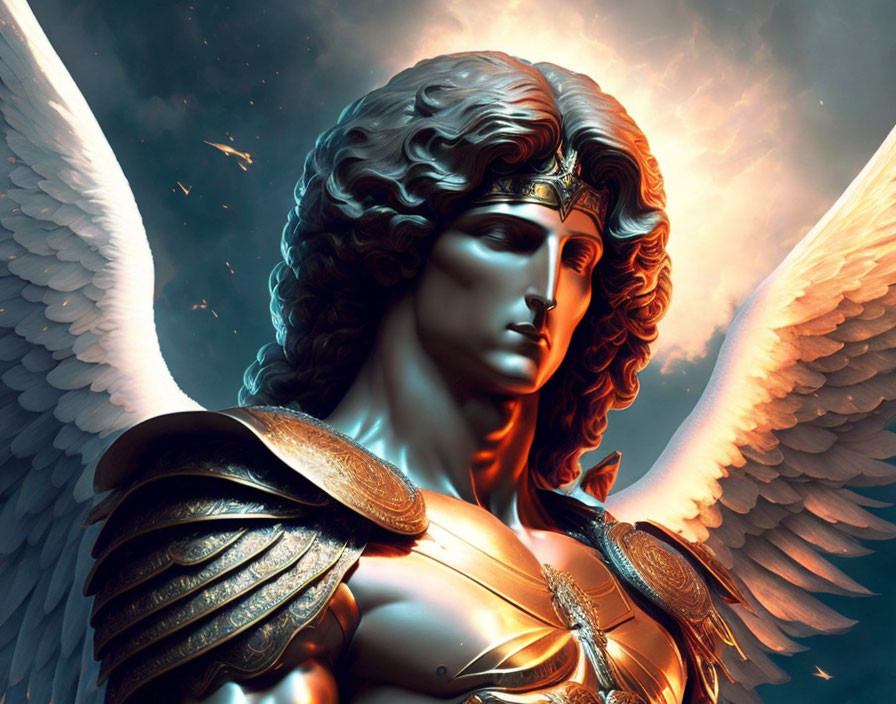 Dramatic depiction of angel with large white wings and golden armor