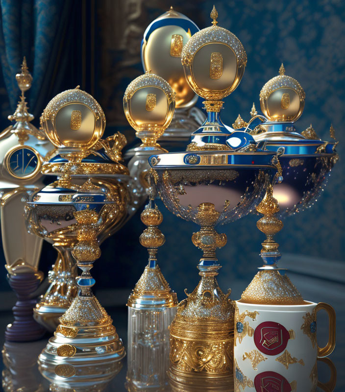 Ornate Golden Trophies and White Mug on Blue Background
