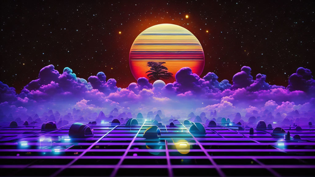 Surreal landscape with massive setting sun and neon grids