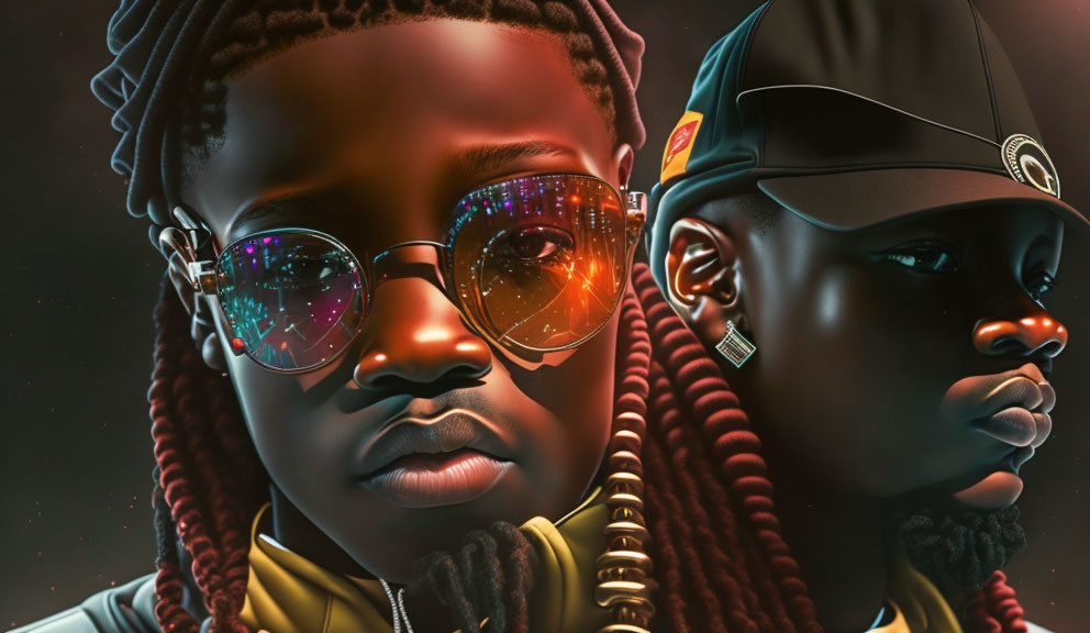 Stylized characters with detailed hair and sunglasses in digital artwork