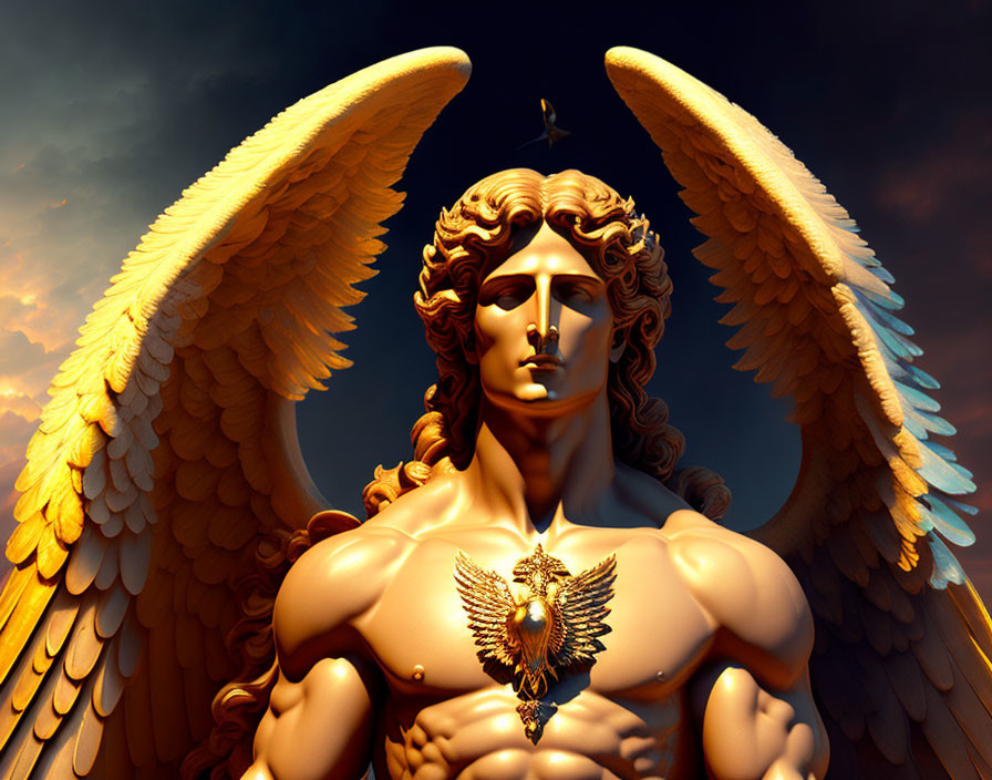 Digital artwork: Majestic angel with golden wings, muscular build, serene expression, eagle pendant, dramatic