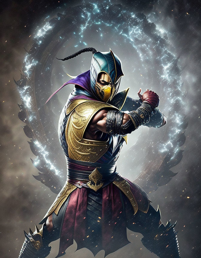 Detailed illustration of armored warrior with golden armor plates and cosmic backdrop.