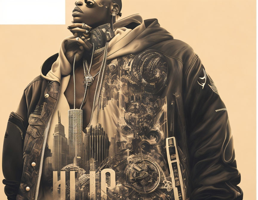 Stylized bomber jacket with cityscape and mechanical gears design on fashion-forward individual posed with bold jewelry