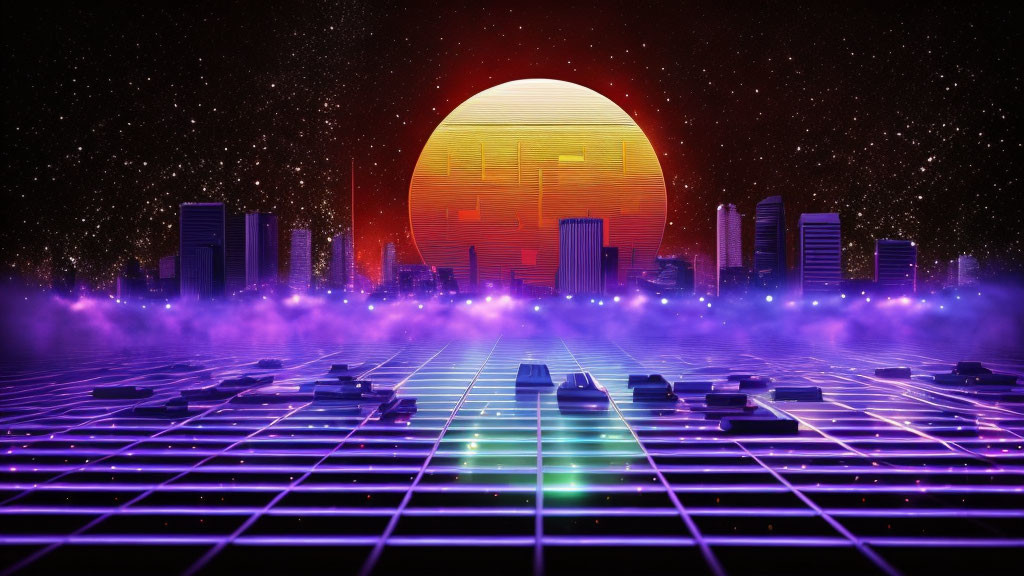 Retro-futuristic cityscape digital artwork with neon grid floor, glowing sun, starry sky