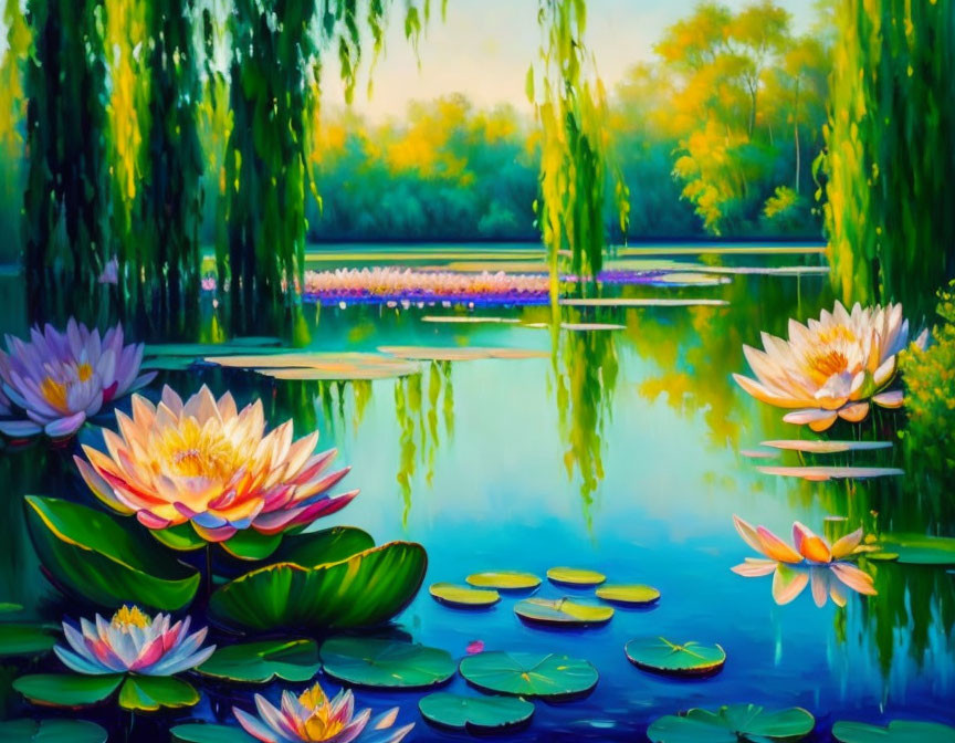 Serene pond painting with lotus flowers, lily pads, and weeping willows