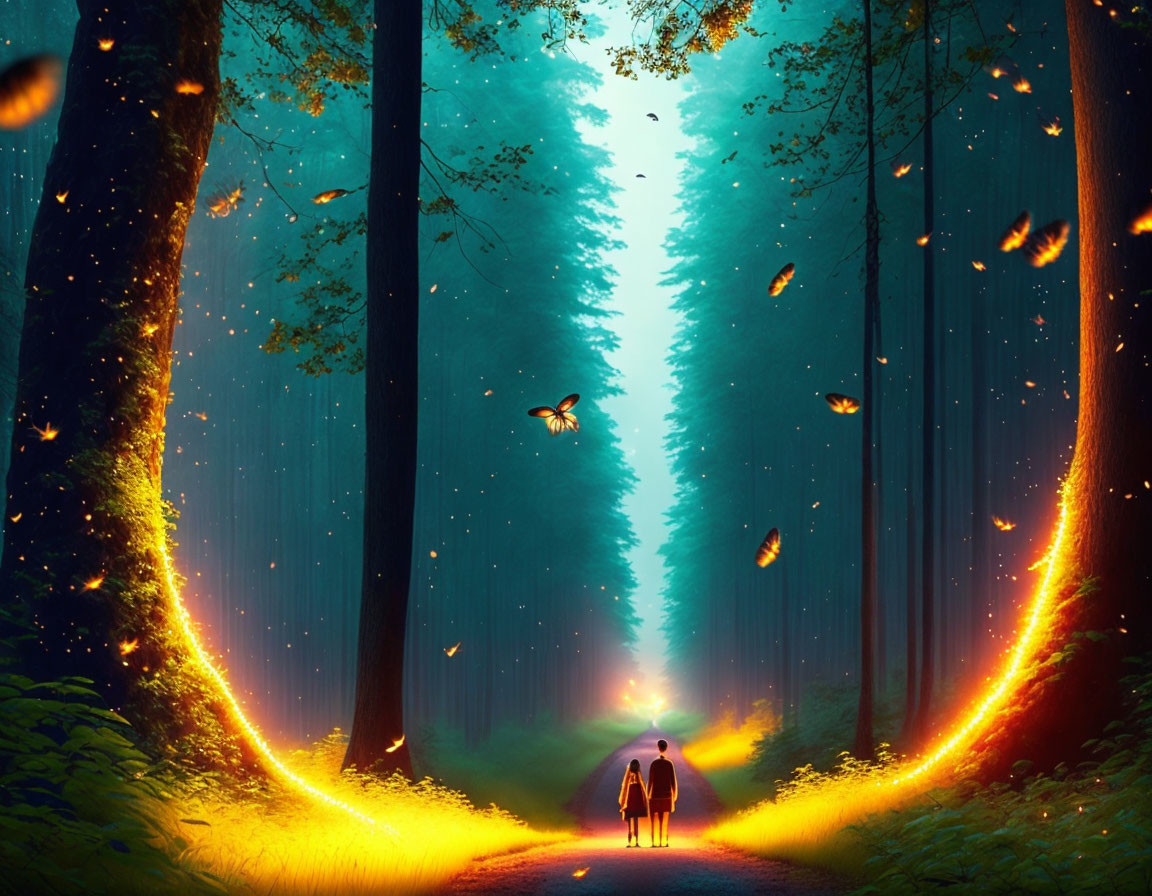 Mystical forest path with two people and glowing lights