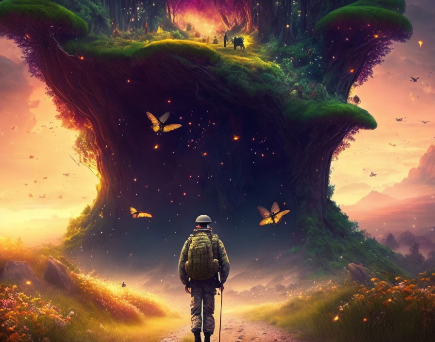 Person with backpack in fantastical landscape with giant tree trunks, glowing butterflies, and vibrant sunset