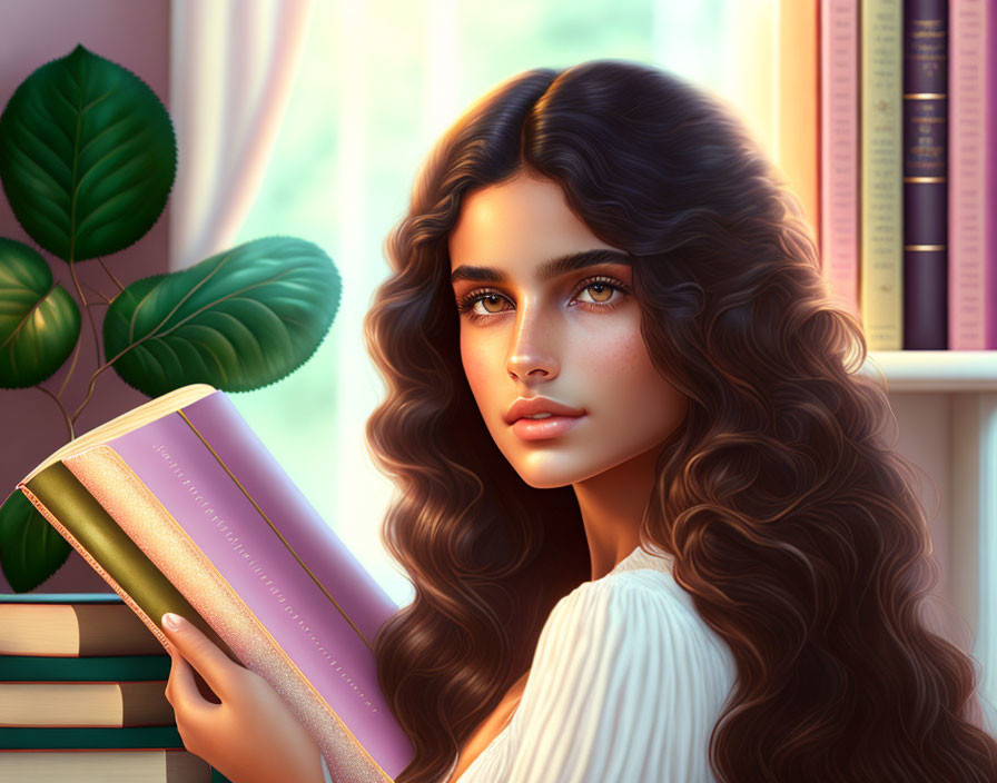 Digital illustration: Young woman with curly hair holding a book, window and bookshelf backdrop