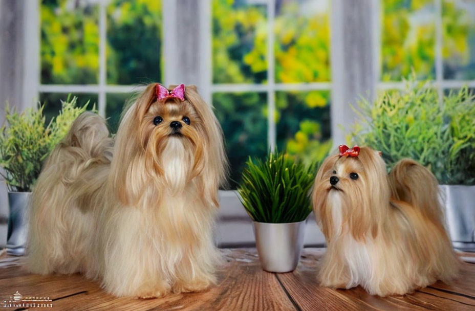 Long-haired Shih Tzu dogs with pink bows indoors by a window.