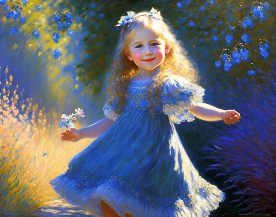 Young girl in blue dress in sunlit field with flowers and blue orbs