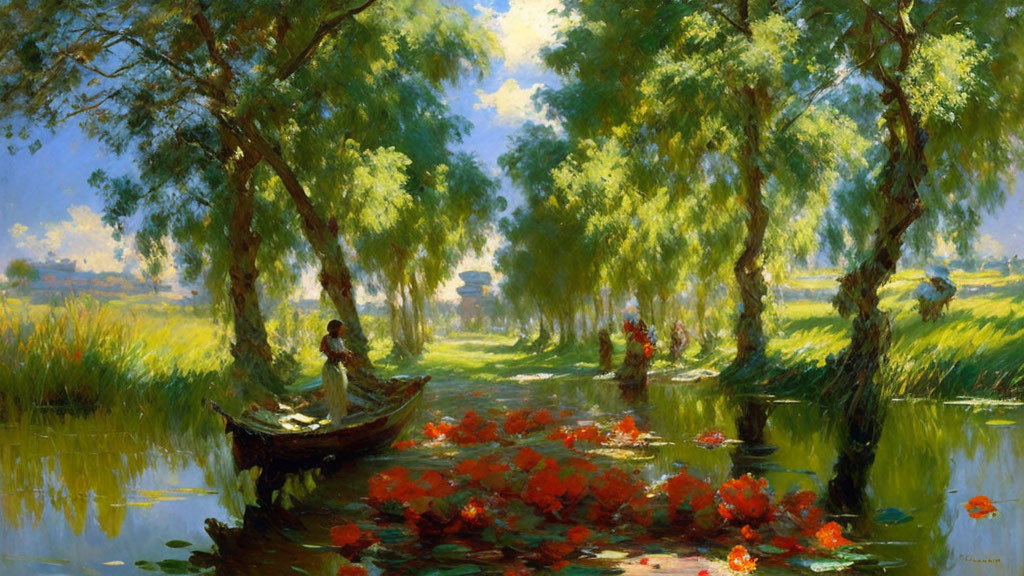 Tranquil landscape painting with boat, red water lilies, willow trees, and figures