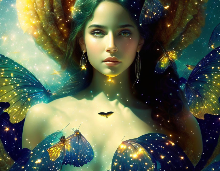 Fantastical image of woman with butterfly wings in golden hues