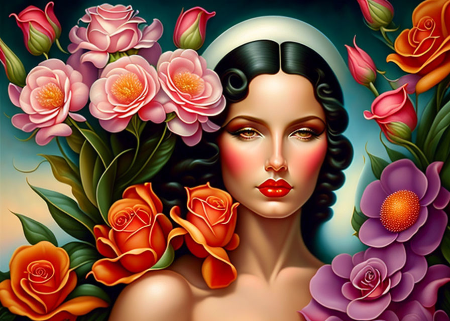 Colorful Floral Stylized Portrait of Woman with Dark Hair