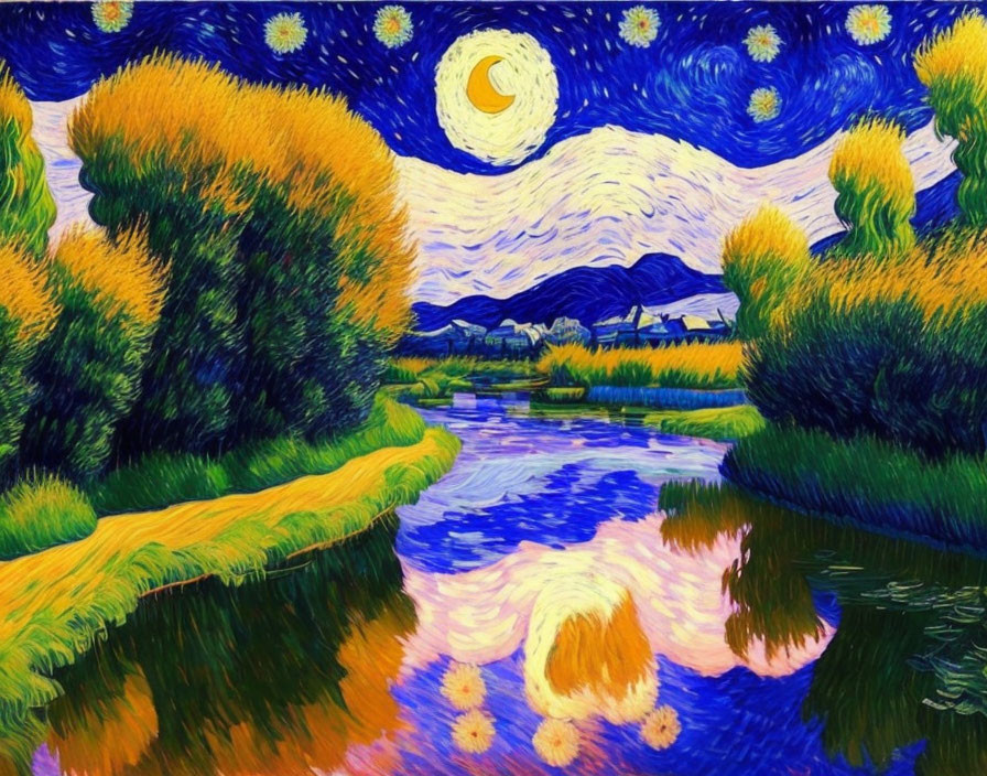 Vibrant painting of starry night with crescent moon over serene river