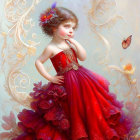 Illustration of young girl in red gown with flowers and butterflies, exuding fairytale charm