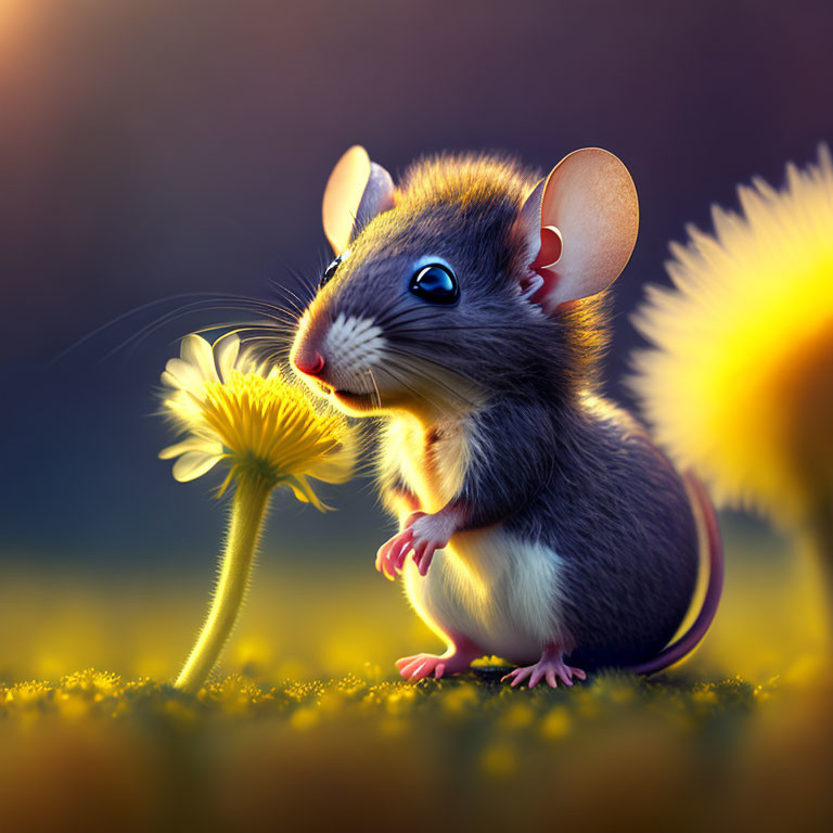 Cartoon mouse sniffing dandelion in flower field at sunset