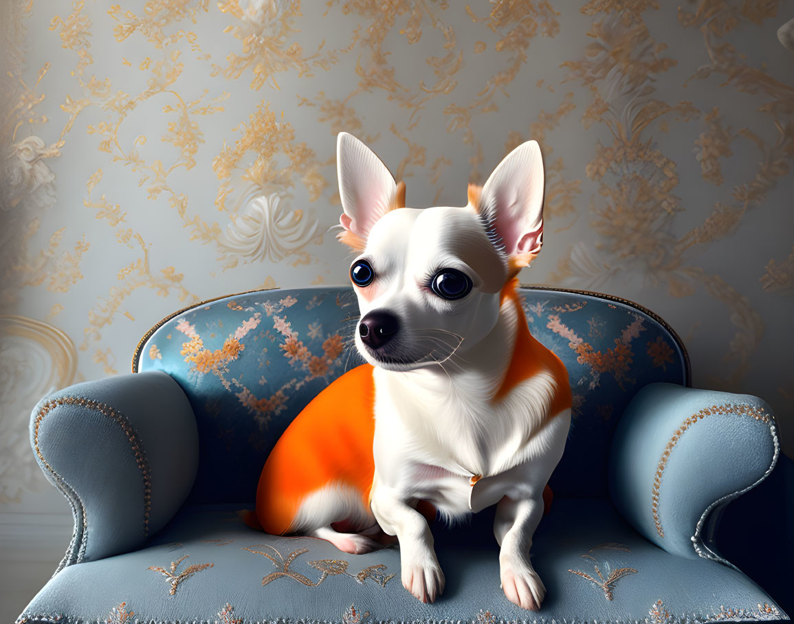 White Chihuahua on Blue and Gold Sofa Against Wallpapered Background