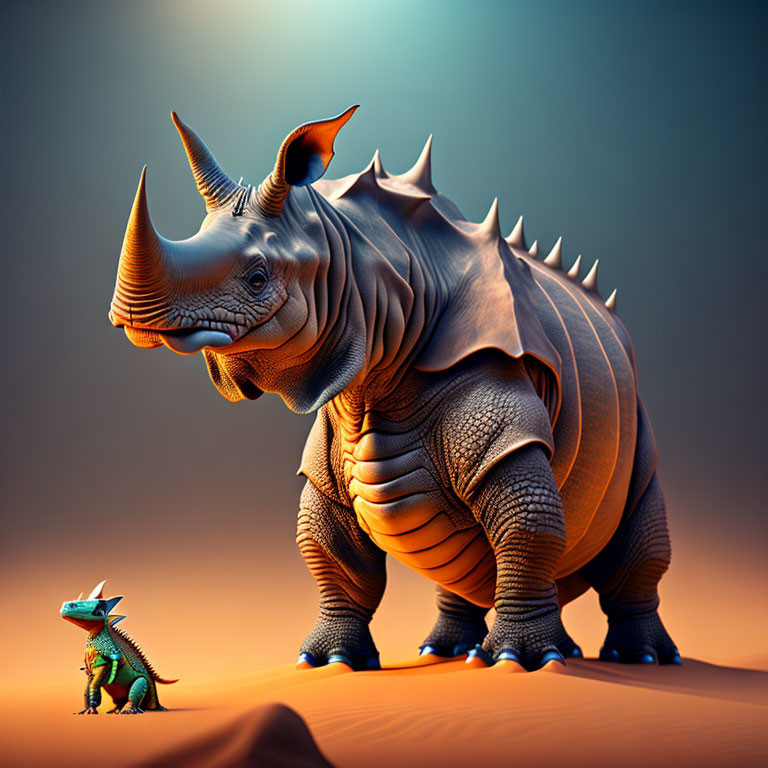 Large stylized rhinoceros with armor-like skin facing small creature on sandy background