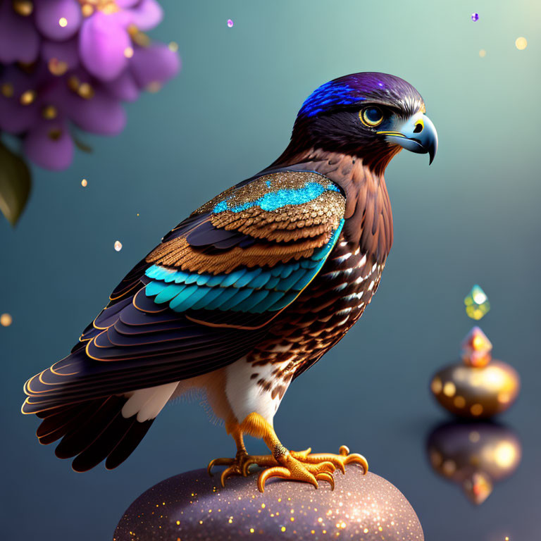 Stylized eagle with iridescent feathers on magical sphere backdrop