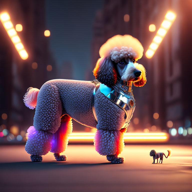 Stylized image of giant poodle with futuristic collar in urban setting at dusk