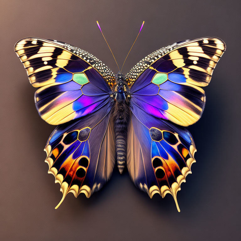Colorful Butterfly with Blue, Orange, and Black Wings on Neutral Background